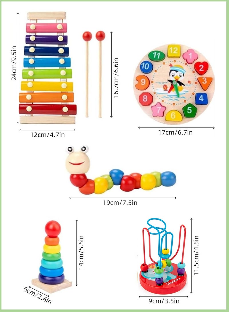 Montessori Toys for 1 2 Year Old Boys Girls, 5 In 1 Kids Wooden Toys Toddler Toys Includes Stacking Sorting Xylophone Bead Maze Baby Boy 3-6 Year,Preschool Educational Toy Gifts - Image 2